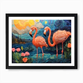 Flamingos At Night Art Print