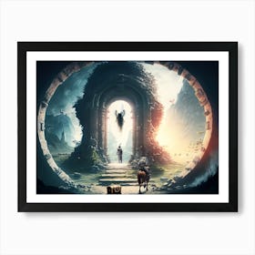 Ancient portal with dragons and wariors Art Print