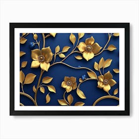 Gold Leaves On A Blue Background Affiche