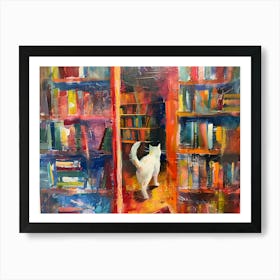 White Cat In The Library - Wandering Between Bookshelves Art Print