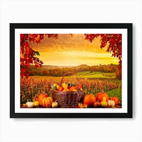 Autumnal Farm Landscape Pumpkins And Cornstalks Surround A Rustic Wooden Basket Filled With Apples (5) Art Print