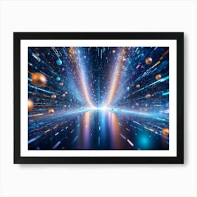 Blue And Gold Streaks Of Light Shooting Into Distance, Particles Art Print