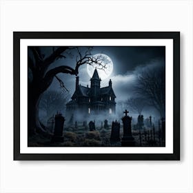 Frightened Souls Hovering Over A Mist Enshrouded Graveyard Full Moon Piercing Through Ominous Cloud (6) Art Print