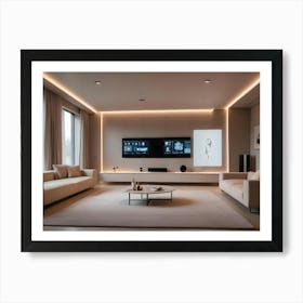 A Modern Living Room Interior With Beige Sofas, A White Coffee Table, And A Large Tv Screen Art Print