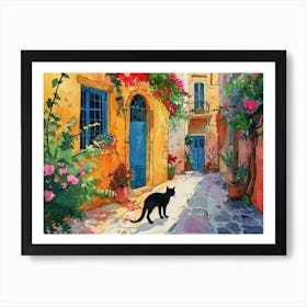 Rhodes, Greece   Cat In Street Art Watercolour Painting 1 Art Print