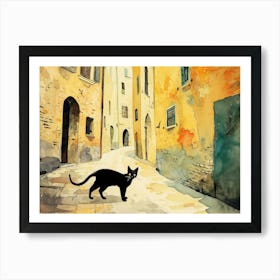 Black Cat In Arezzo, Italy, Street Art Watercolour Painting 1 Art Print