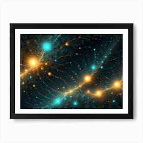 Abstract Fractal Design With Swirling Patterns In Teal, Orange, And Gold, Resembling Stars, Galaxies, Or Nebulae In A Cosmic Landscape Art Print