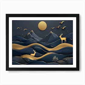 3d Modern Art With Dark Blue And Golden Wave Background Mountains, Golden Deer And Birds 1 Poster