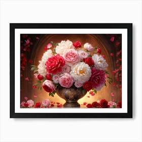 Digital Art Of A Large Vase Brimming With Roses And Peonies Bathed In Soft Lighting Palette Of Ric Art Print