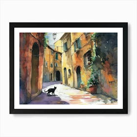 Black Cat In Cesena, Italy, Street Art Watercolour Painting 2 Art Print