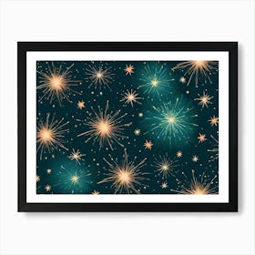 A Seamless Pattern Of Golden And Teal Fireworks On A Dark Green Background Art Print