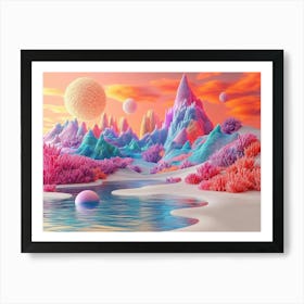 Vibrant 3d Landscape Art with Bright Coral Background and Fantasy Mountains Art Print