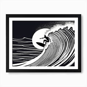 Linocut Black And White Surfer On A Wave art, surfing art, 264 Art Print