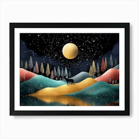 3d Illustration Modern Artwork Night Landscape, Colorful Mountains, Trees, Dark Black Background with Stars Art Print