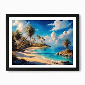 Oil painting of a mediterranean coastal landscape with a sand beach and palm trees 1 Art Print