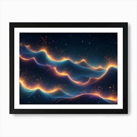 Abstract, Flowing Landscape Of Glowing Waves, With Sparkling Light Trails Against A Dark, Starry Sky, Representing Energy, Movement, And Digital Beauty Art Print