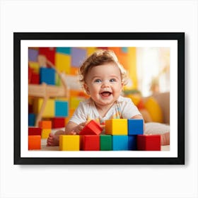 Baby Smiling Engaging With Vibrant Blocks Of Primary Colors Soft Focus Background Enhancing The Ch Art Print