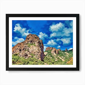 Majestic Rocky Peak Under a Clear Blue Sky. The image depicts a stunning natural landscape featuring a prominent rocky peak rising above a lush, green hillside. The sky is a vibrant blue with a few scattered clouds, adding to the serene and picturesque quality of the scene. The rocky formations and dense vegetation create a striking contrast, making the image visually captivating. 1 Poster