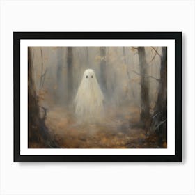 Cute Halloween Ghost In Autumnal Forest Art Print