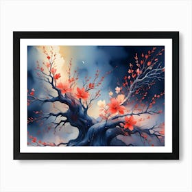 Watercolor Painting Of A Blossoming Tree With Red And White Flowers 1 Art Print