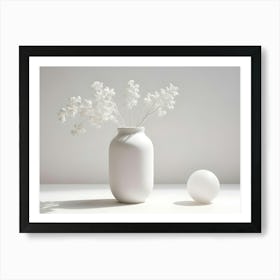 A Minimalist Image Of A White Vase With White Flowers And A White Egg, Set Against A White Background, Representing A Simple And Elegant Still Life Art Print