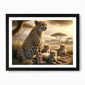 A family of cheetahs resting under the shade of an acacia tree 3 Art Print