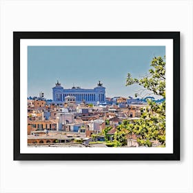 Rooftops and Domes in Rome. This image depicts a picturesque view of a historic cityscape, characterized by its terracotta rooftops and prominent domed structures. The two large domes, likely belonging to significant religious or historical buildings, stand out against a clear blue sky. The foreground is filled with a variety of buildings, showcasing a mix of architectural styles and colors, while lush green trees add a touch of nature to the urban scene. 2 Art Print