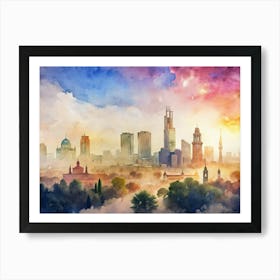 City Skyline Watercolor Painting Art Print