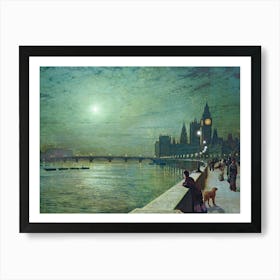 Reflections on the Thames Westminster 1880 Oil on Canvas by John Grimshaw - Remastered HD Fantastic Quality London Bridge Artwork | English British Painter Art Print