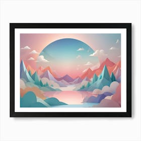 A Whimsical And Colorful Illustration Of A Paper Craft Landscape With Mountains, Trees, A Lake, And A Sky, Creating A Cheerful And Playful Scene Art Print