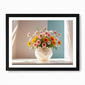 A Bouquet Of Orange And Pink Gerbera Daisies In A White, Geometric Vase Art Print