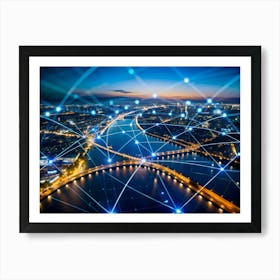 A Night Aerial View Of A City Illuminated By Lights, Overlaid With A Network Of Glowing Blue Lines And Dots, Representing Interconnectedness And Communication Art Print