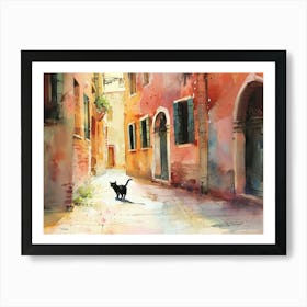 Black Cat In Venice, Italy, Street Art Watercolour Painting 1 Art Print