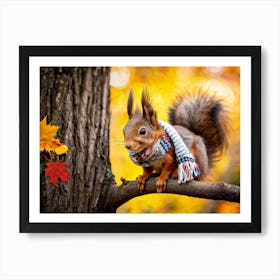 Closeup Of A Squirrel Wearing A Knitted Hat And Scarf Perched On A Branch Within A Tree In An Autum Art Print