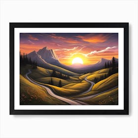 Hiking Trails In A Hilly Landscape With Gras And Trees Near Majestic Mountains In A Bright Morning Sunrise Vivid Color Painting Art Print