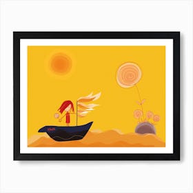 Little Girl Is Sailing On Yellow Sea Kids Art Print Art Print