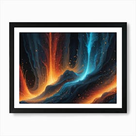 Abstract Image Of A Dark, Swirling, And Vibrant Landscape With Glowing Blue And Orange Lines Art Print