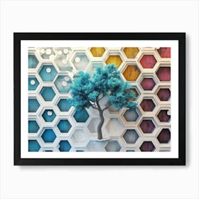 Oak And White Lattice Turquoise Tree Amid Colorful Dynamic Hexagons Art Print