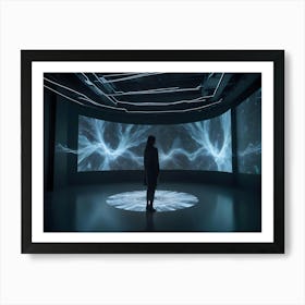 Abstract Digital Image Of A Woman Standing In A Room With A Large Screen Displaying A Futuristic, Swirling Nebula, Creating A Sense Of Wonder And Exploration Art Print