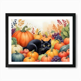 Black Cat Hidden In A Colorful Autumn Harvest Art Print