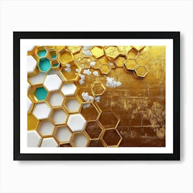 A Golden Grain Field Artwork In Oil On Canvas Style, Featuring Golden Hexagons Art Print