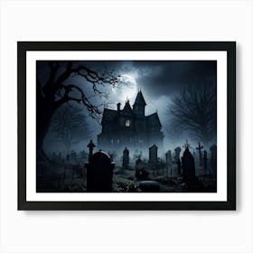 Frightened Souls Hovering Over A Mist Enshrouded Graveyard Full Moon Piercing Through Ominous Cloud 2 1 Art Print