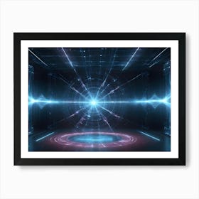 Abstract Image Of A Dark, Futuristic Space With Glowing Blue Lines And A Circular Platform In The Center Art Print