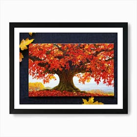 An Autumn Oak Tree Abundantly Lit Branches Spreading Widely Spanning A Slim Sleek Card Leaves Bla (3) Art Print