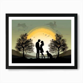 Silhouette Of Couple And Dog Art Print