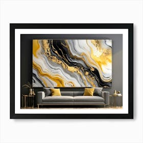 Abstract Art Featuring Liquid Marble Patterns Flowing Together In A Dance Of Grey Black Yellow G (2) Art Print