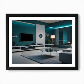 A Modern Living Room With A Teal Wall, White Furniture, A Large Tv, And Led Strip Lighting Art Print