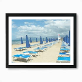 Blue Italian Umbrellas - Sicilian Beach Sunbeds - Italy Travel Photography Art Print