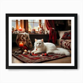 White Cat On A Rug Art Print