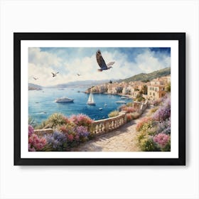 Oil Painting of Mediterranean Coastal View Art Print